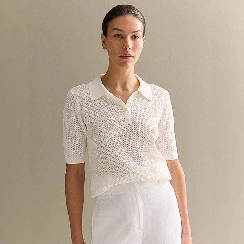 Short Sleeve Knit T-Shirt – Casual Lapel Pullover Top for Women - Stylemein