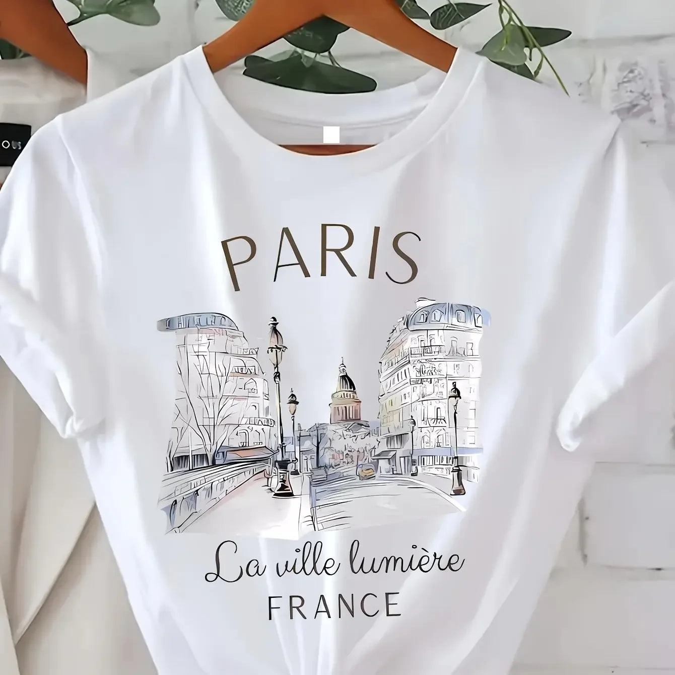 Women’s 90s Paris Print T-Shirt – Short Sleeve Crew Neck Casual Top