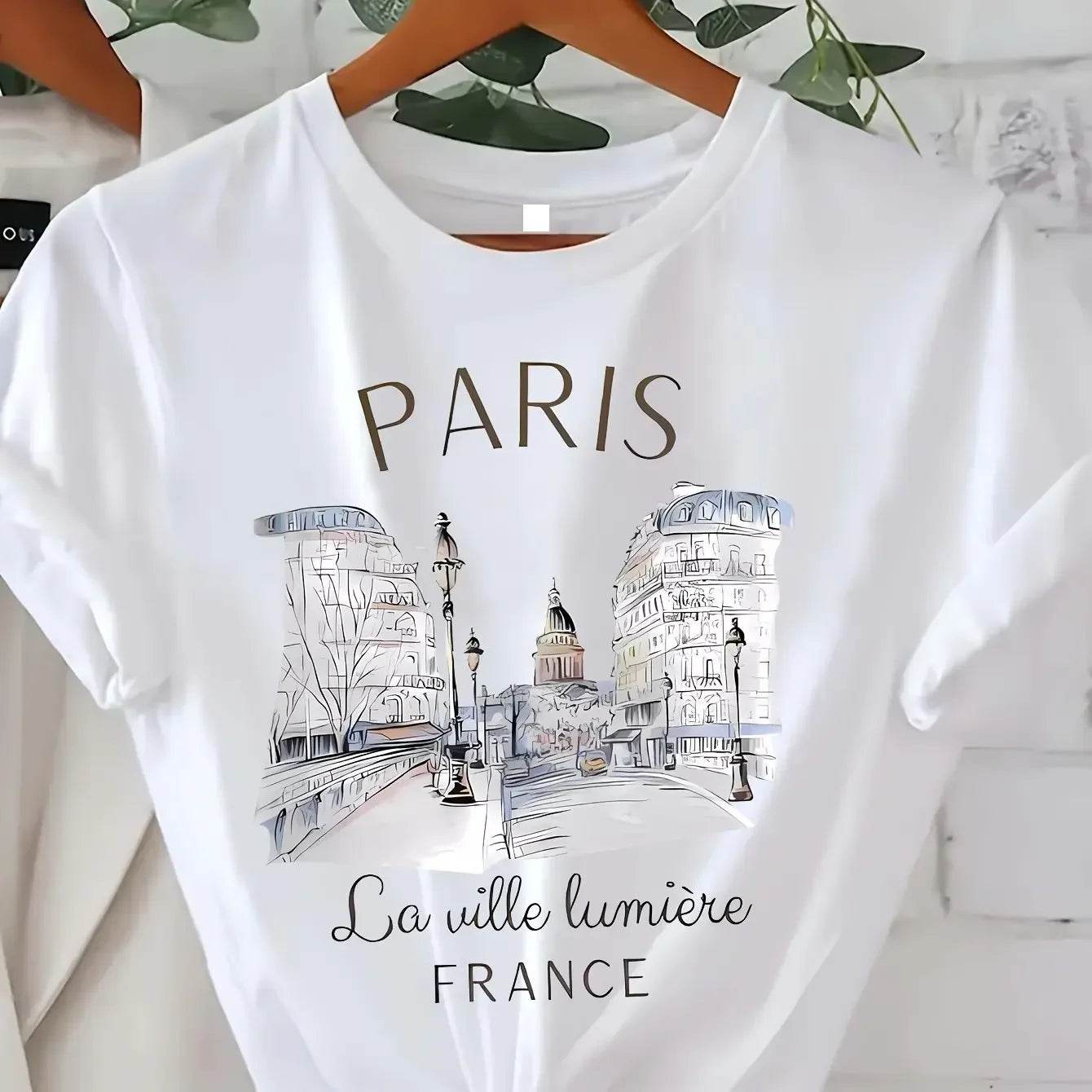 Stylemein - Women’s 90s Paris Print T-Shirt – Short Sleeve Crew Neck Casual Top