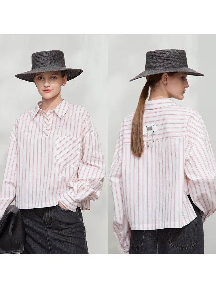 Stylemein - Women’s Cotton Striped Shirt – Loose Fit Autumn Casual Fashion Top