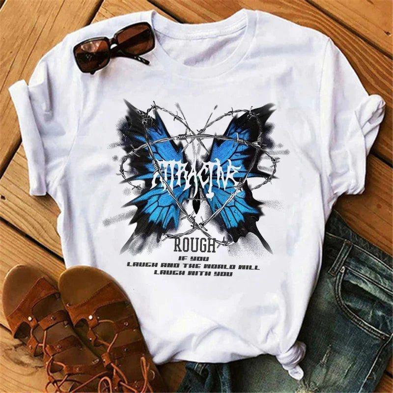 Gothic Butterfly Tree Print Harajuku T-Shirt – Women’s Round Neck Summer Casual Top
