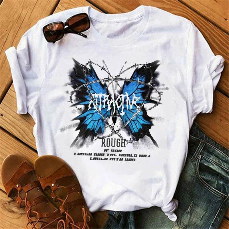 Stylemein - Gothic Butterfly Tree Print Harajuku T-Shirt – Women’s Round Neck Summer Casual Top