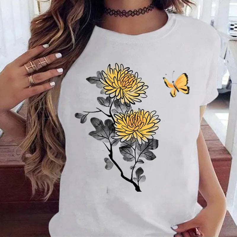 Women’s Butterfly Tree Print Harajuku T-Shirt – Black Round Neck Summer Casual Top