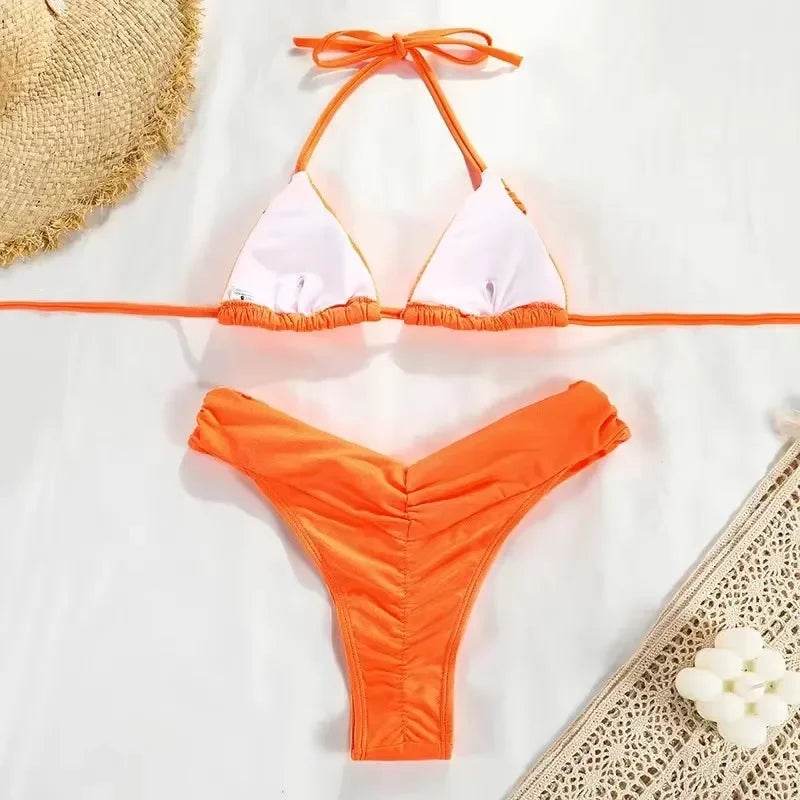Micro Bikinis Women Halter Brazilian Bikini Set Female Pleated Swimsuit New Triangle Swimwear Beach Wear Bathing Suit - Stylemein