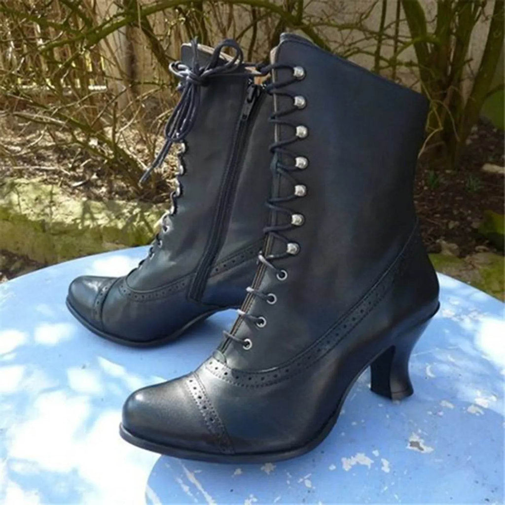 Retro Victorian Lace-Up Ankle Boots – Women’s PU Leather Streetwear Booties - Stylemein