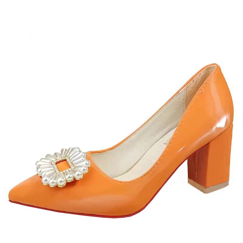 Baby Pink Pearl Crystal Pumps – Chunky Heel Dress Shoes with Buckle, Size 35–53, Luxury Style for Adults & Teens - Stylemein