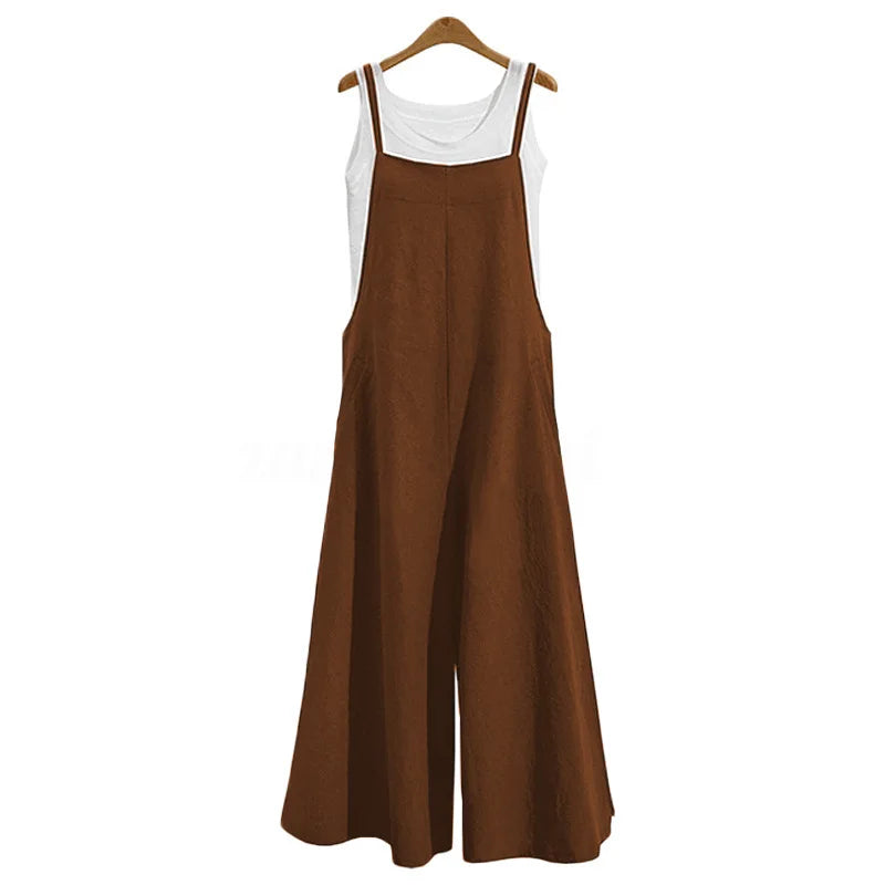 Summer Cotton Linen Jumpsuit – Loose Wide Leg Overalls with Adjustable Straps