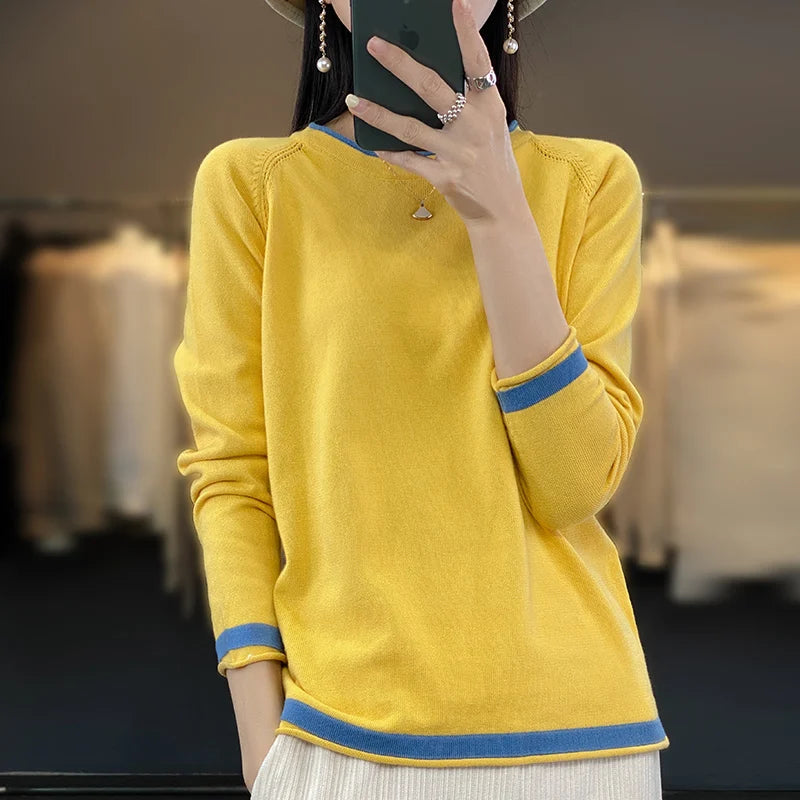 Cotton Knit Sweater – Loose Round Neck Color Block Top