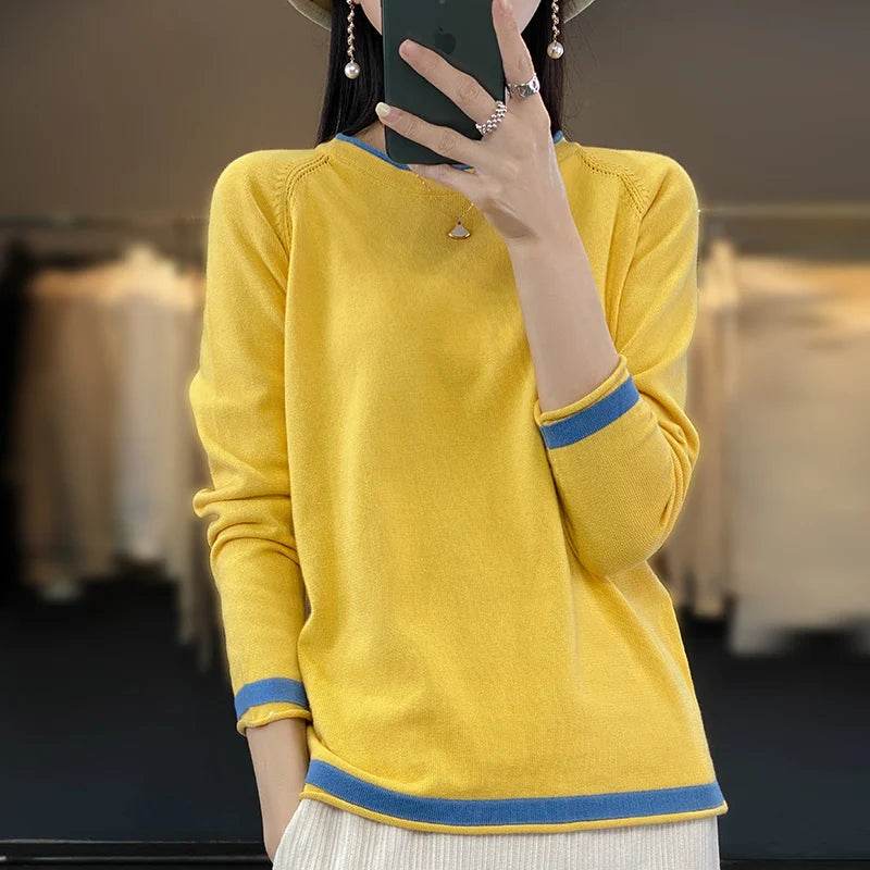 Stylemein - Cotton Knit Sweater – Loose Round Neck Color Block Top
