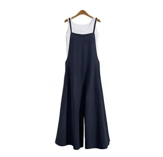Summer Cotton Linen Jumpsuit – Loose Wide Leg Overalls with Adjustable Straps