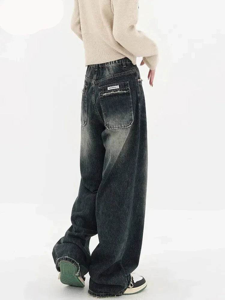 Women's Baggy Straight Leg Jeans: Deep Blue High Waisted Vintage Denim for Fall - Stylemein