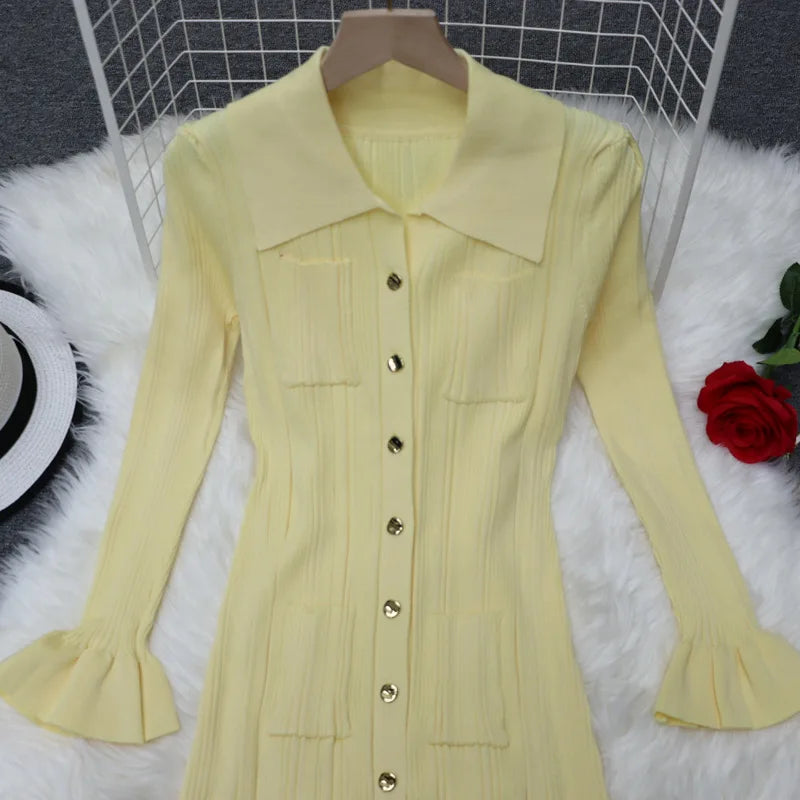 Women’s Winter Knitted Long Dress – Elegant Ruffle Sweater Style
