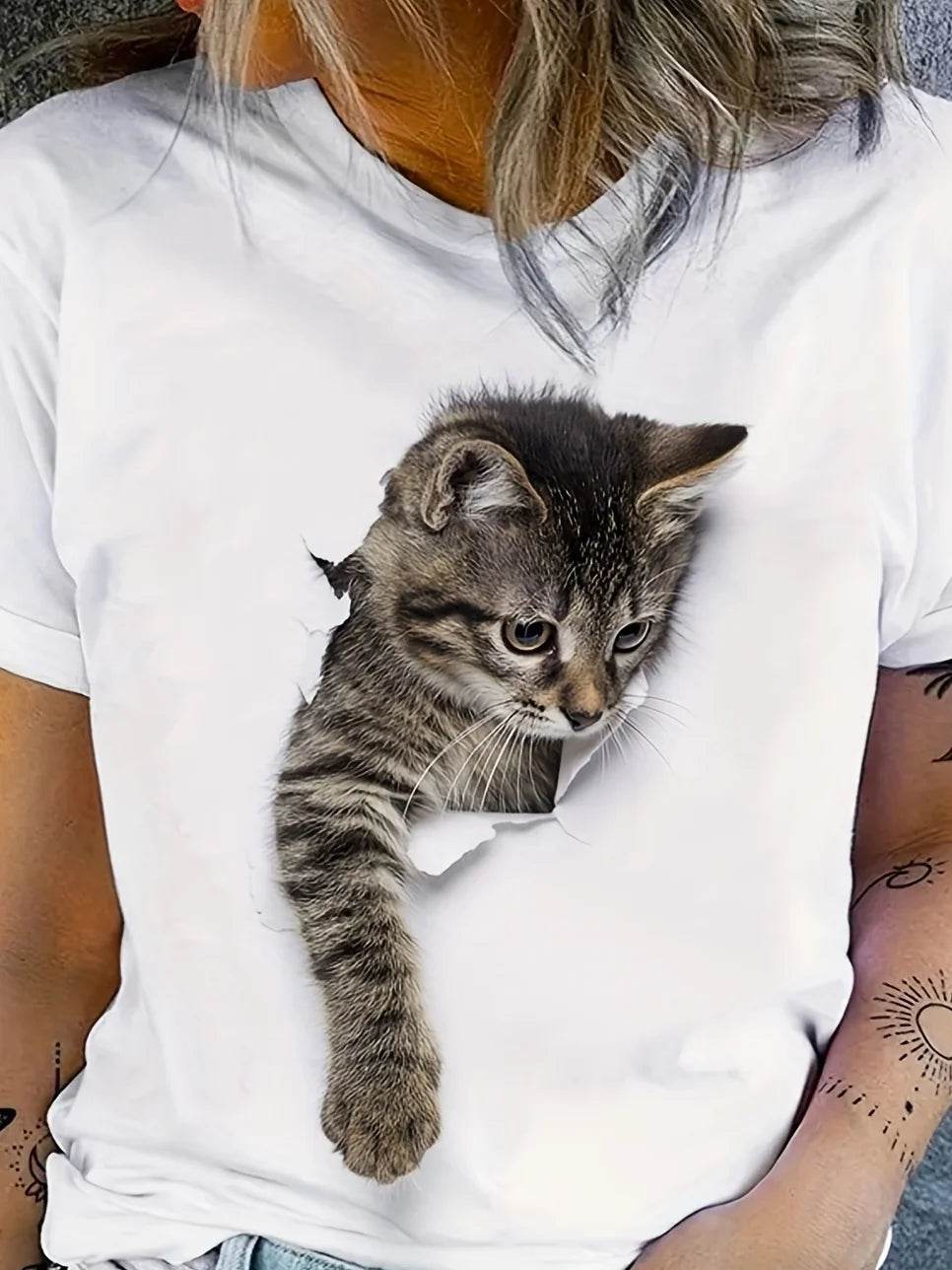 Stylemein - Women’s Cute Cat Print T-Shirt – Casual Everyday Short Sleeve Crew Neck Top