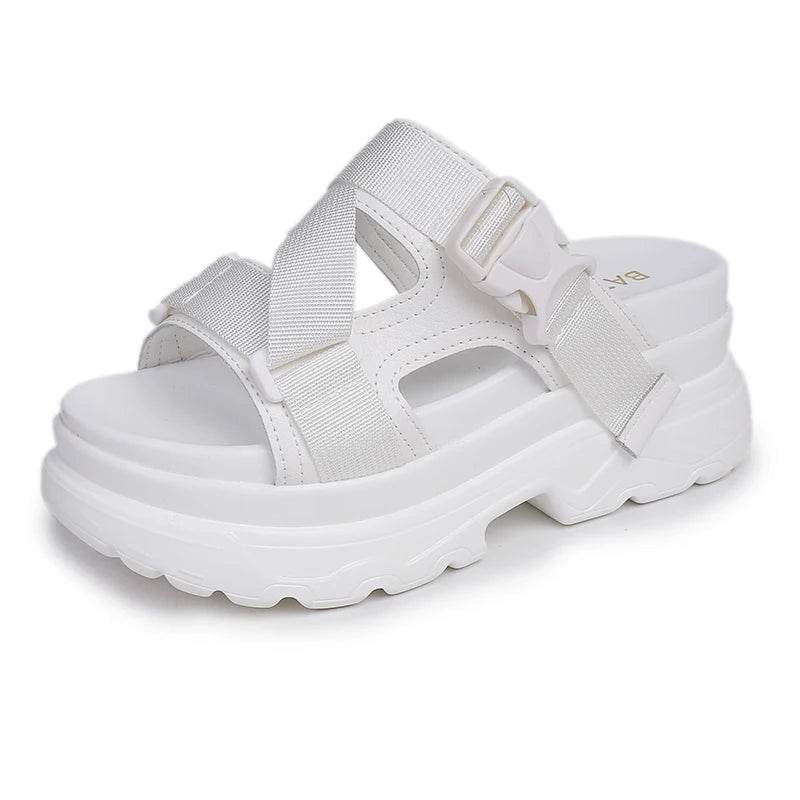 8cm Platform Wedge Sandals – Buckle Strap, Leather & Canvas Mix, Summer High Heel Shoes - Stylemein