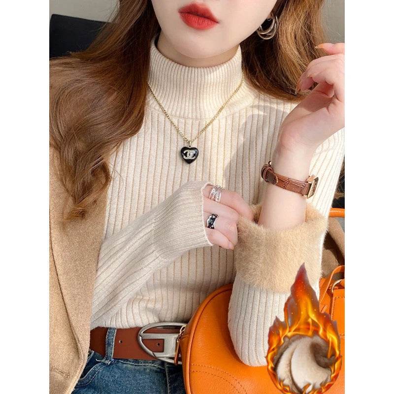 Velvet-Lined Thermal Turtleneck – Retro Red Knitted Winter Sweater - Stylemein