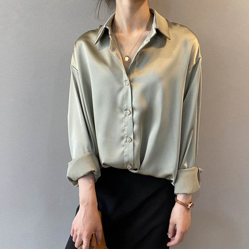 Elegant Satin Loose Fit Women's Shirt – Turn-Down Collar Casual Button Blouse for Spring and Autumn - Stylemein