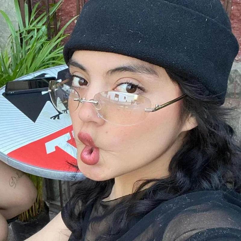 Stylemein - Oval Rimless Y2K Sunglasses for Women – Retro Futuristic Spice Girl Style Eyewear