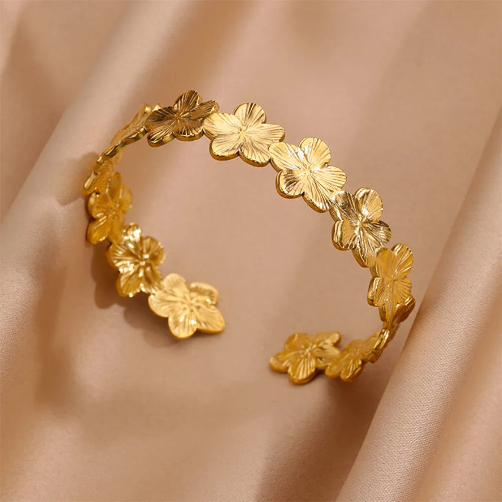 Chunky Gold Flower Cuff Bangle – Stainless Steel Wide Bracelet for Women