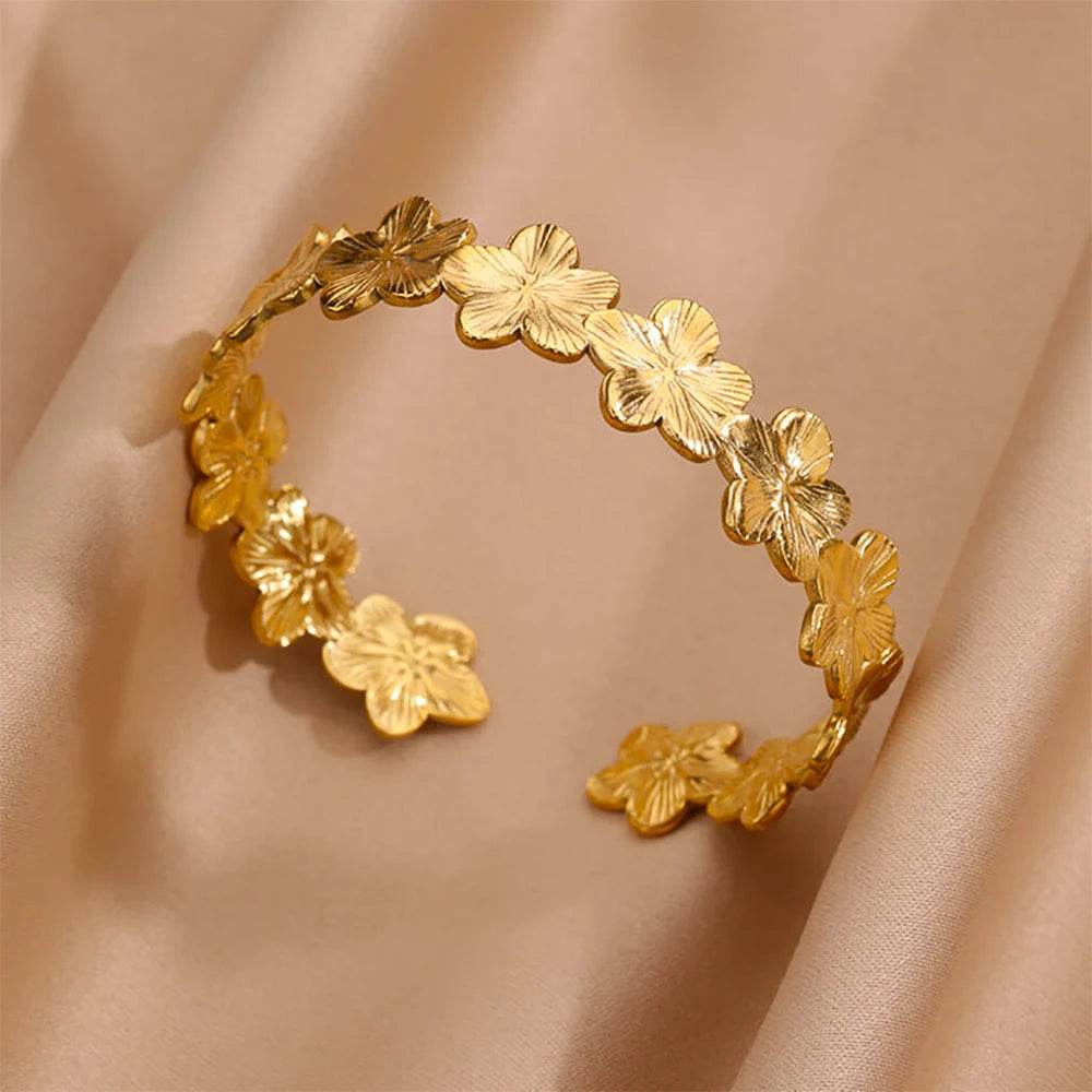 Stylemein - Chunky Gold Flower Cuff Bangle – Stainless Steel Wide Bracelet for Women