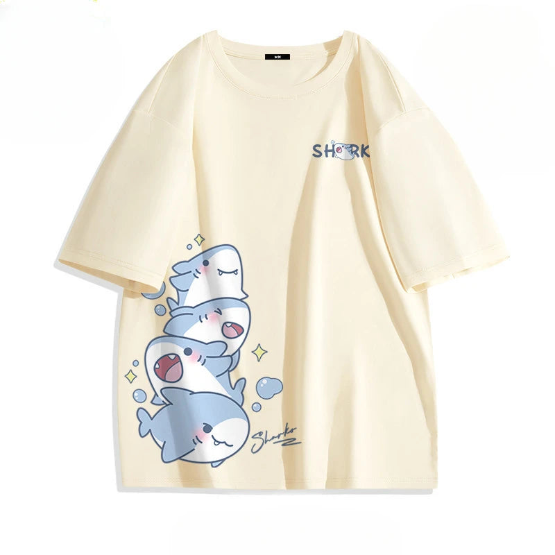 Loose Shark Print T-Shirt – Summer Ice Silk Top
