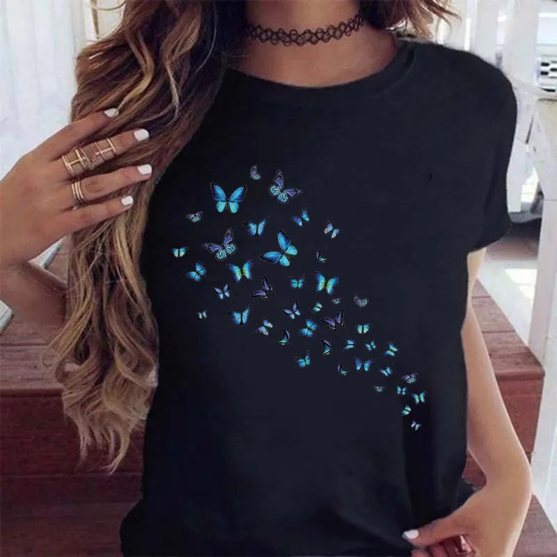 Women’s Butterfly Tree Print Harajuku T-Shirt – Black Round Neck Summer Casual Top