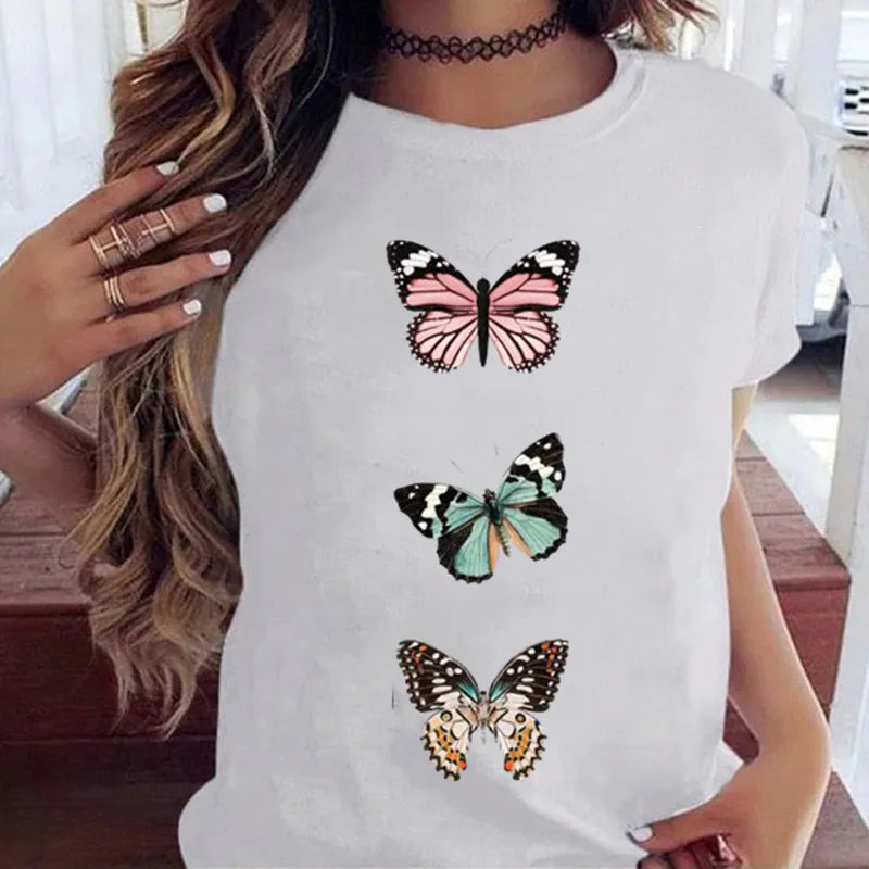 Women’s Butterfly Tree Print Harajuku T-Shirt – Black Round Neck Summer Casual Top