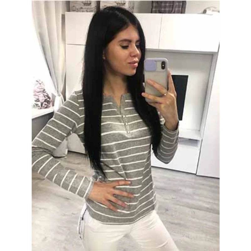 Striped Cotton V-Neck Long Sleeve T-Shirt – Casual Spring/Autumn Tee for Women - Stylemein