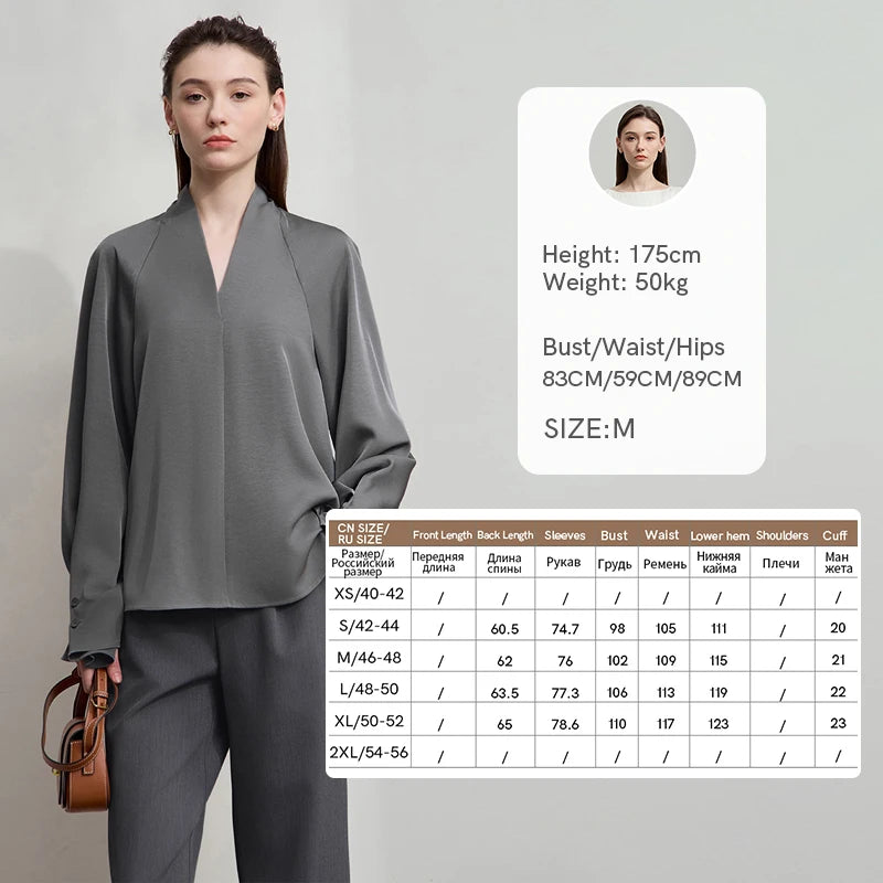 Elegant V-Neck Blouse – Loose Long Sleeve Autumn Top
