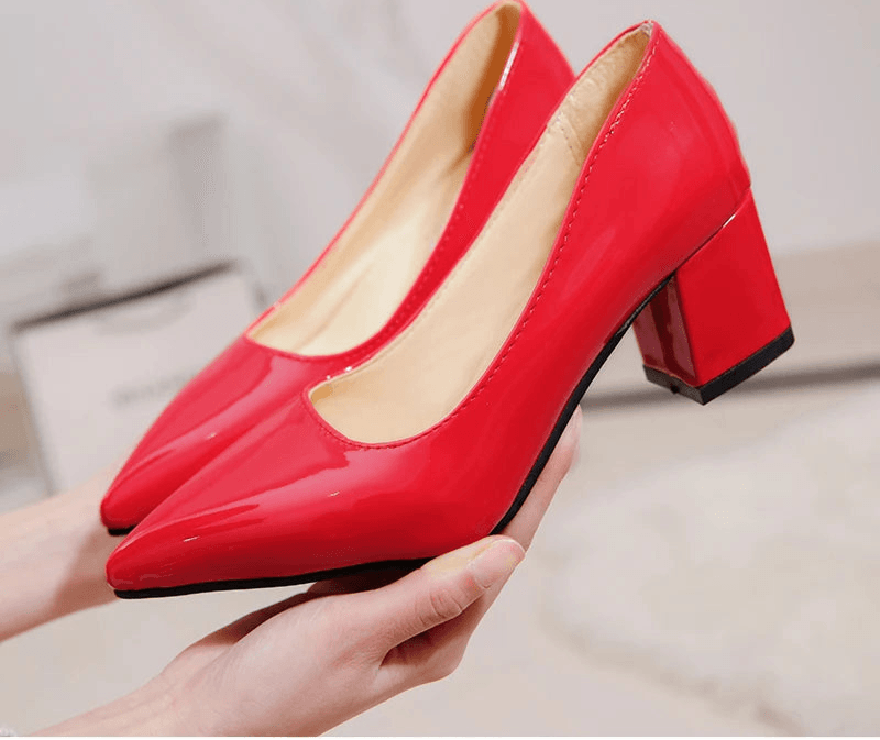 5cm Red Leather Pumps – Square Heel Pointed Toe Dress Shoes, Size 30–50, Classic Party & Office Style - Stylemein