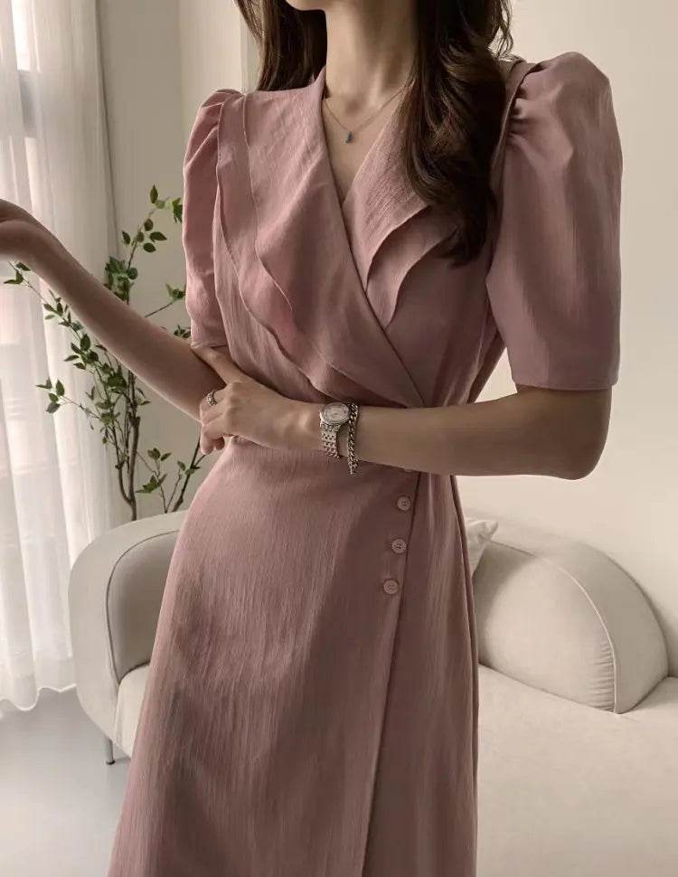 Retro Pink Ruffle Midi Dress – Lace-Up One-Piece Summer Style - Stylemein