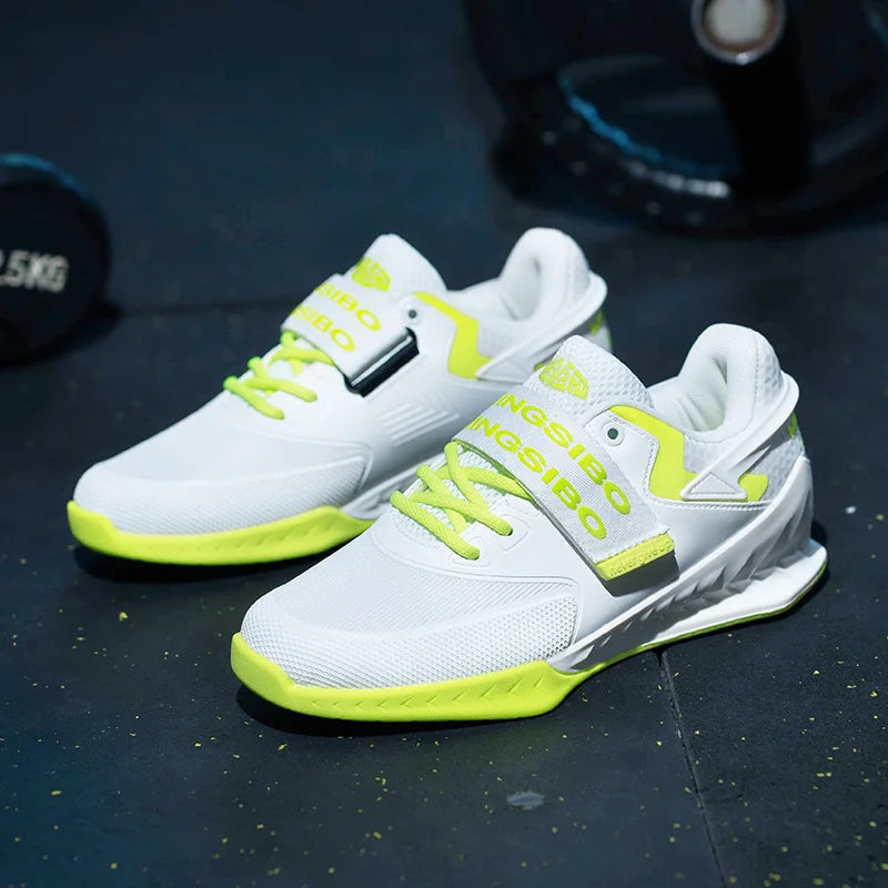 White sneakers with green accents on a dark surface