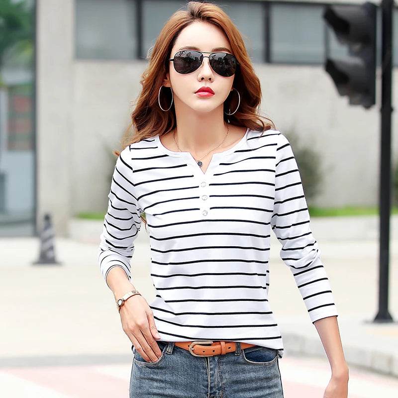 Striped Cotton V-Neck Long Sleeve T-Shirt – Casual Spring/Autumn Tee for Women - Stylemein