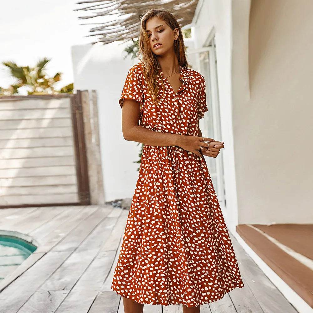 Vintage Floral Boho Shirt Dress – Waist Tie Long Casual Dress - Stylemein