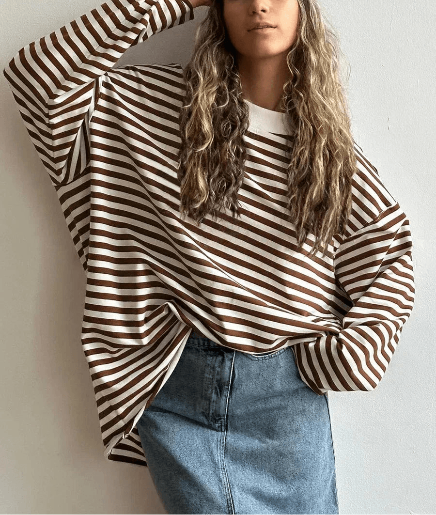 Oversized Striped Cotton T-Shirt – Women’s Long Sleeve Casual Top - Stylemein