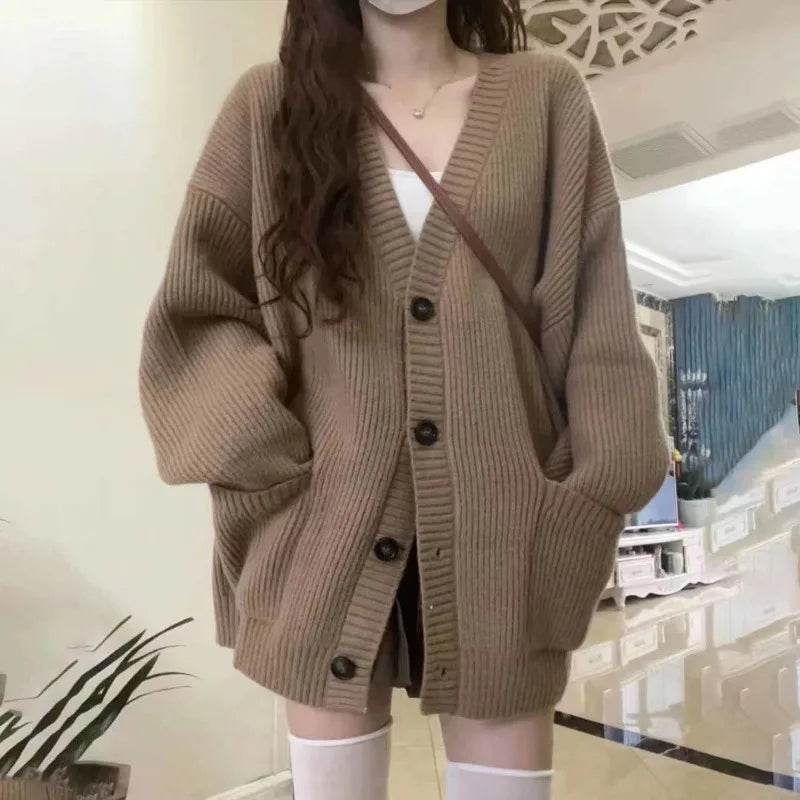 V-Neck Knit Cardigan – Loose Fit Long Sleeve Sweater Jacket - Stylemein