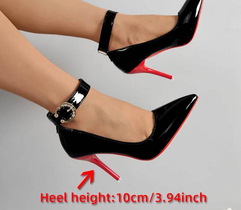 10cm Stiletto Heels – Metal Belt Buckle Rivet Pumps, Red & Black Party Shoes, Size 35–53 - Stylemein