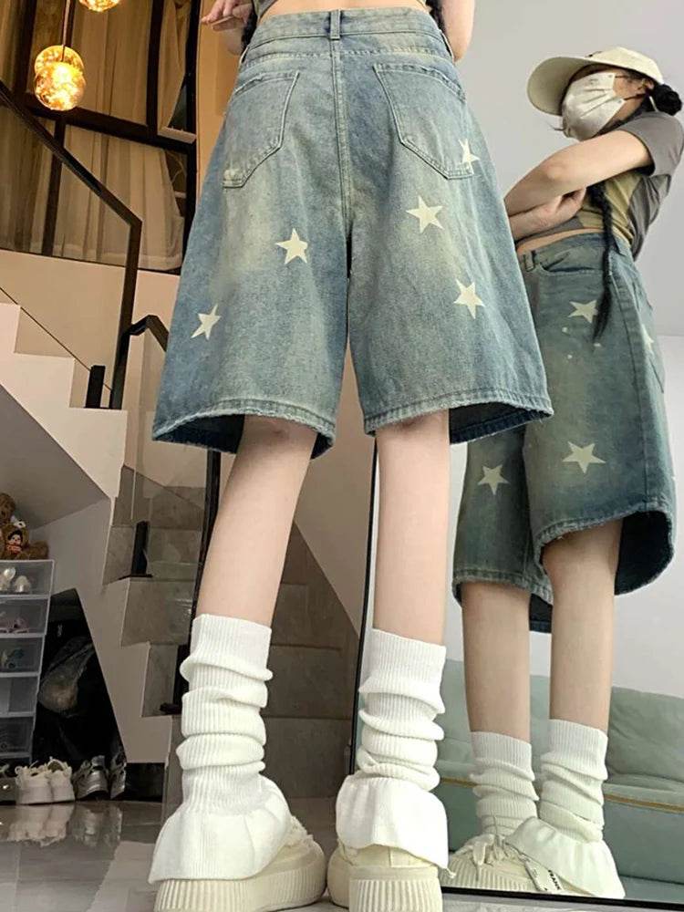 High Waist Retro Wide-Leg Denim Shorts – Washed Knee-Length Street Style - Stylemein