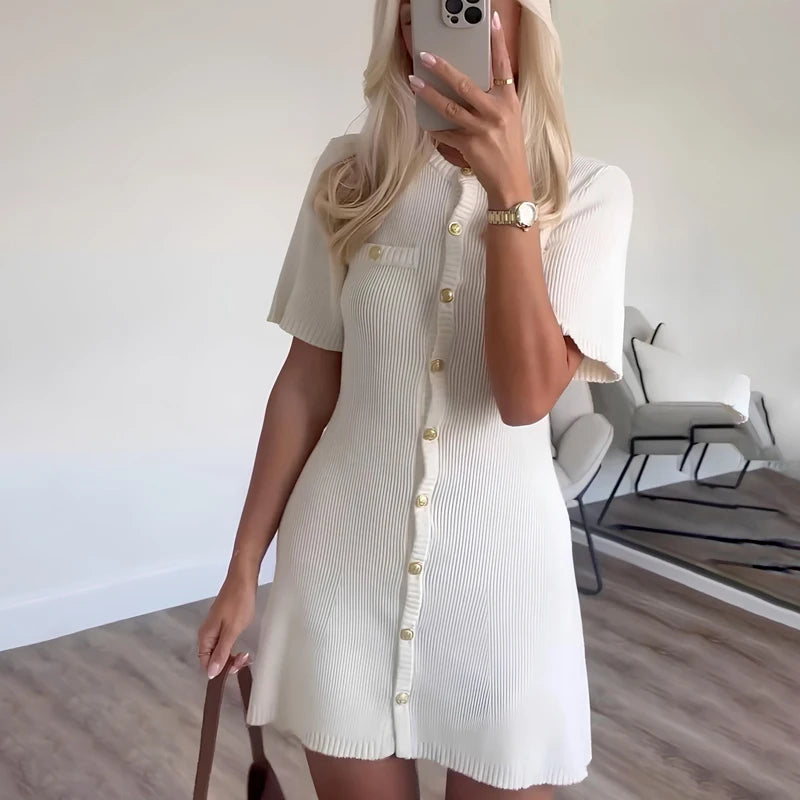 Women’s White Elegant Knitted Mini Dress – Slim Rib Sweater Dress with Metal Buttons for Party & Holiday Wear