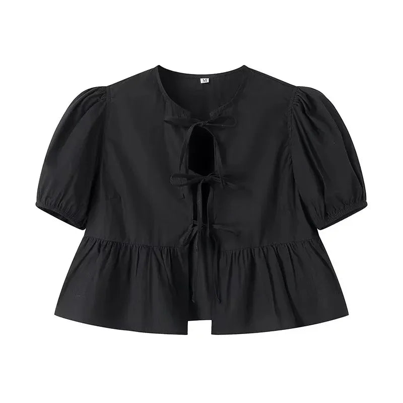 Women’s Ruffle Blouse – Puff Sleeve Ruched Crop Top Shirt