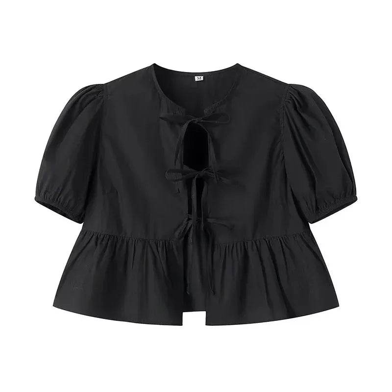 Stylemein - Women’s Ruffle Blouse – Puff Sleeve Ruched Crop Top Shirt