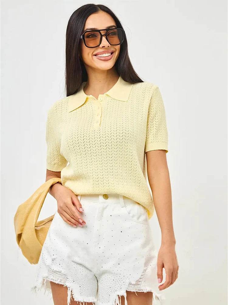 Short Sleeve Knit T-Shirt – Casual Lapel Pullover Top for Women - Stylemein