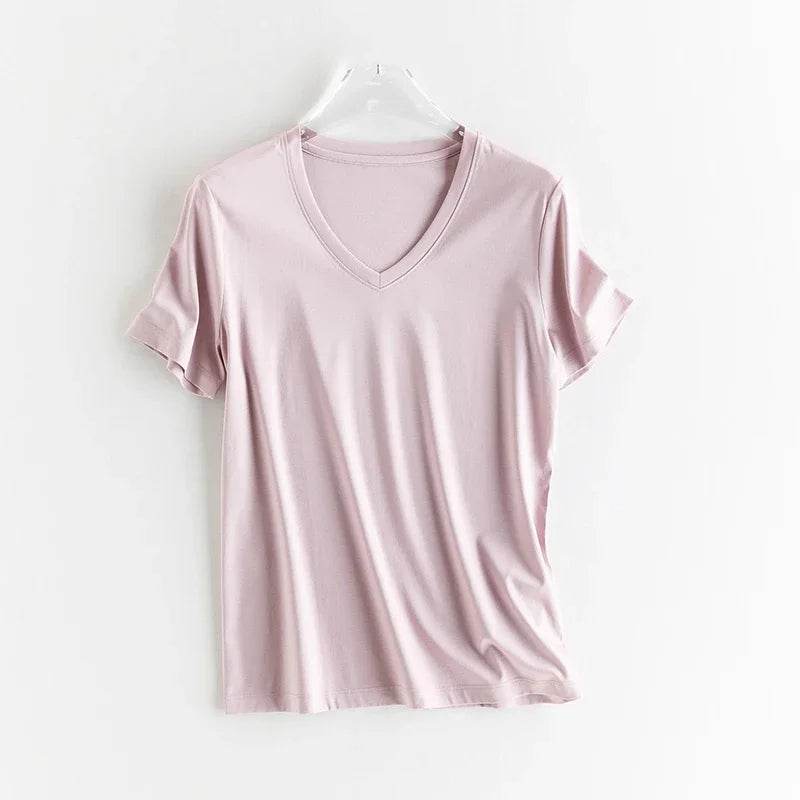 Luxury Silk & Mercerized Cotton Women’s T-Shirt – Short Sleeve Silky Feel V/O-Neck Summer Top - Stylemein