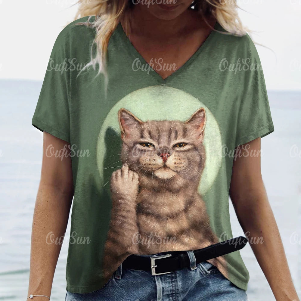 Women’s Oversized Cat Print T-Shirt – Casual Summer Streetwear Top