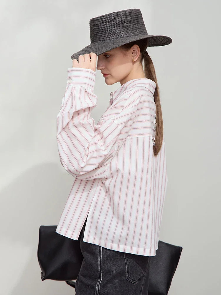 Women’s Cotton Striped Shirt – Loose Fit Autumn Casual Fashion Top