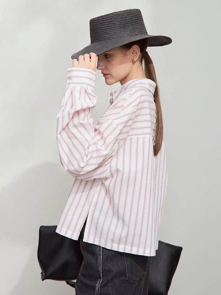 Stylemein - Women’s Cotton Striped Shirt – Loose Fit Autumn Casual Fashion Top