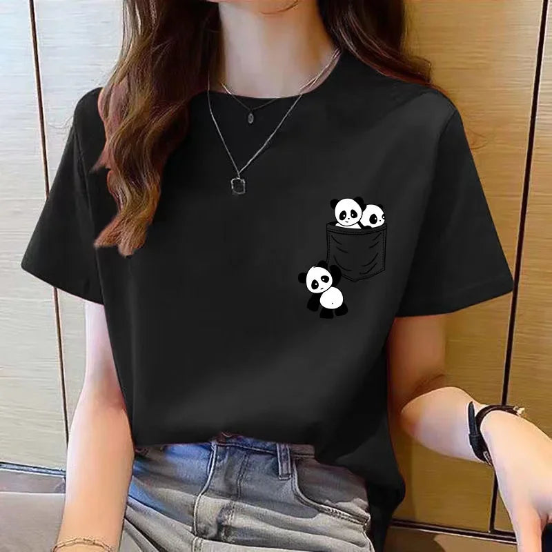 Person wearing a black t-shirt with panda designs