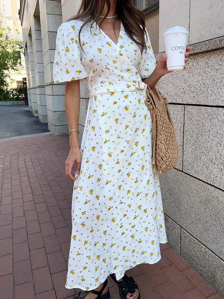 Floral Cotton A-Line Midi Dress – Women’s White Summer Dress with Slits - Stylemein