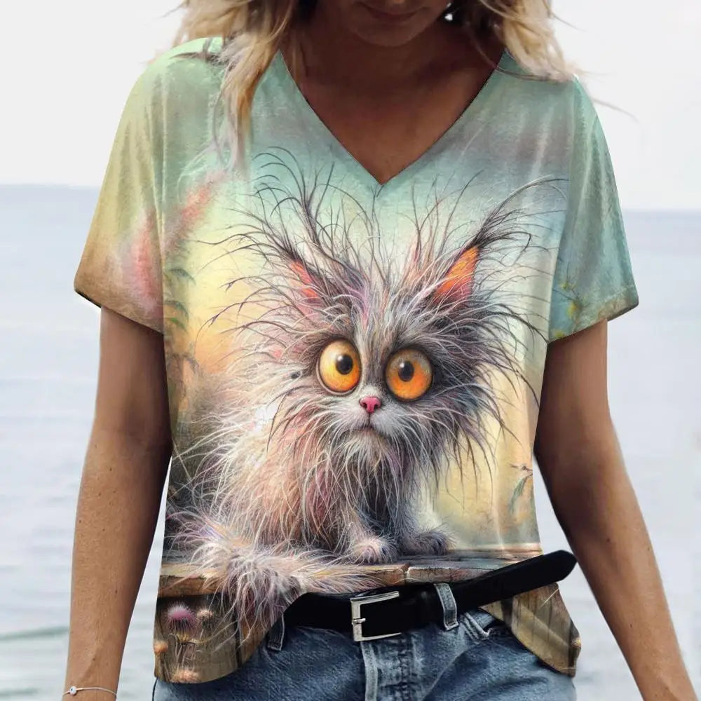 Women’s Oversized Cat Print T-Shirt – Casual Summer Streetwear Top