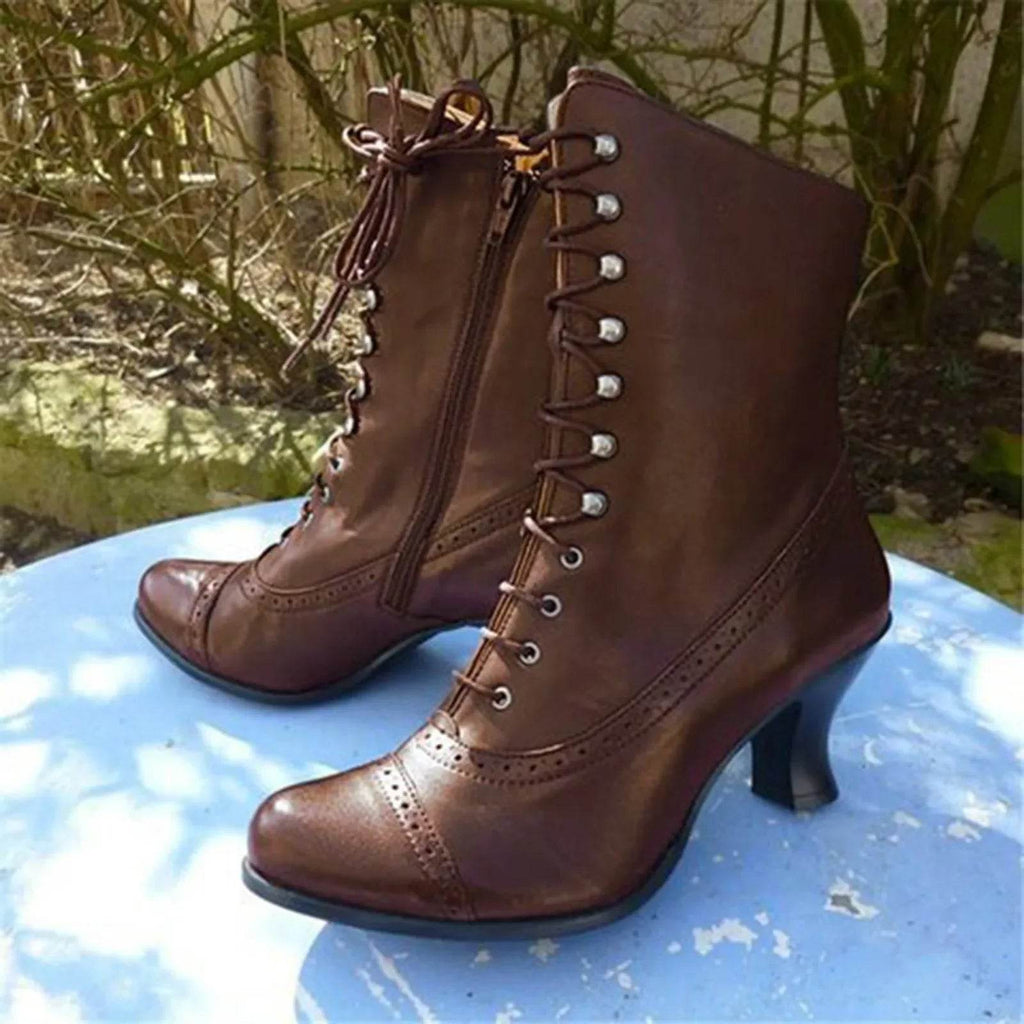 Retro Victorian Lace-Up Ankle Boots – Women’s PU Leather Streetwear Booties - Stylemein