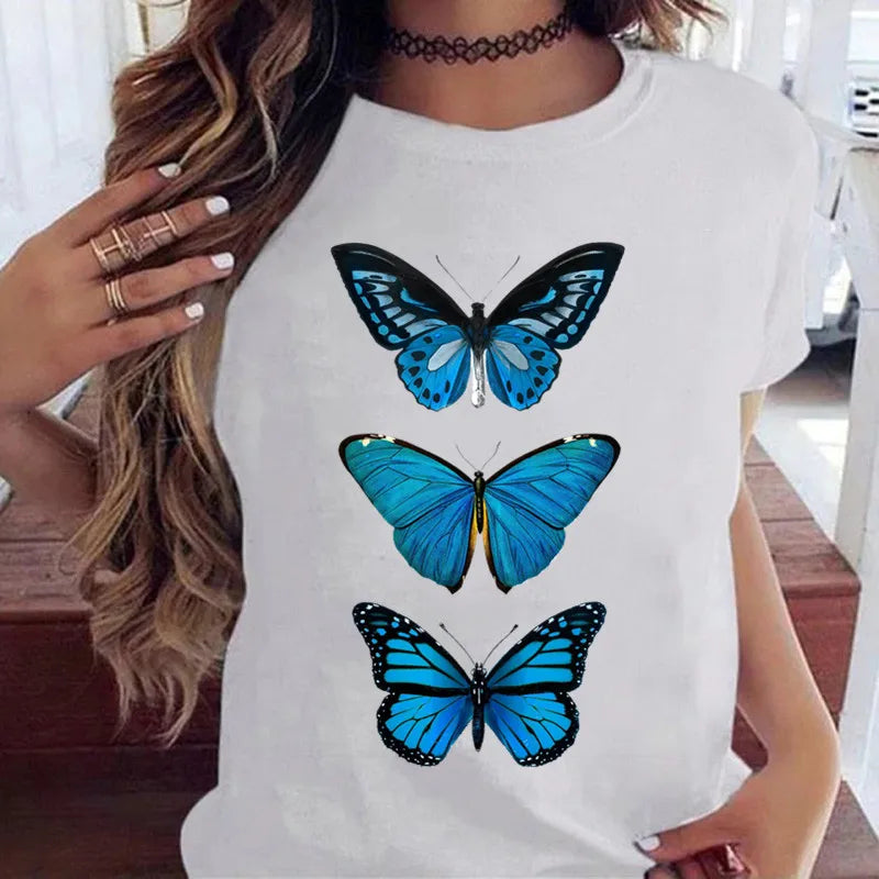 Women’s Butterfly Tree Print Harajuku T-Shirt – Black Round Neck Summer Casual Top